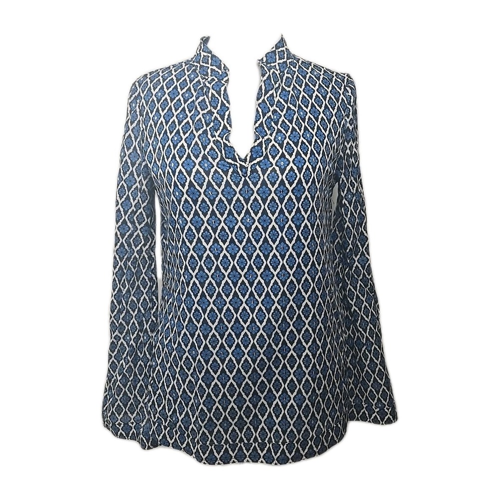 Tory Burch Size 4 Blue Geo Print Long Sleeve V-neck Cotton Sequin Tunic Top